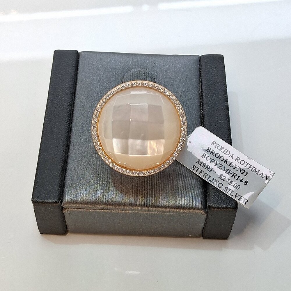 Freida Rothman Statement Ring MOP CZ Halo Gold on Sterling Size 6, 7, 8 Tag $275 - Picture 2 of 11